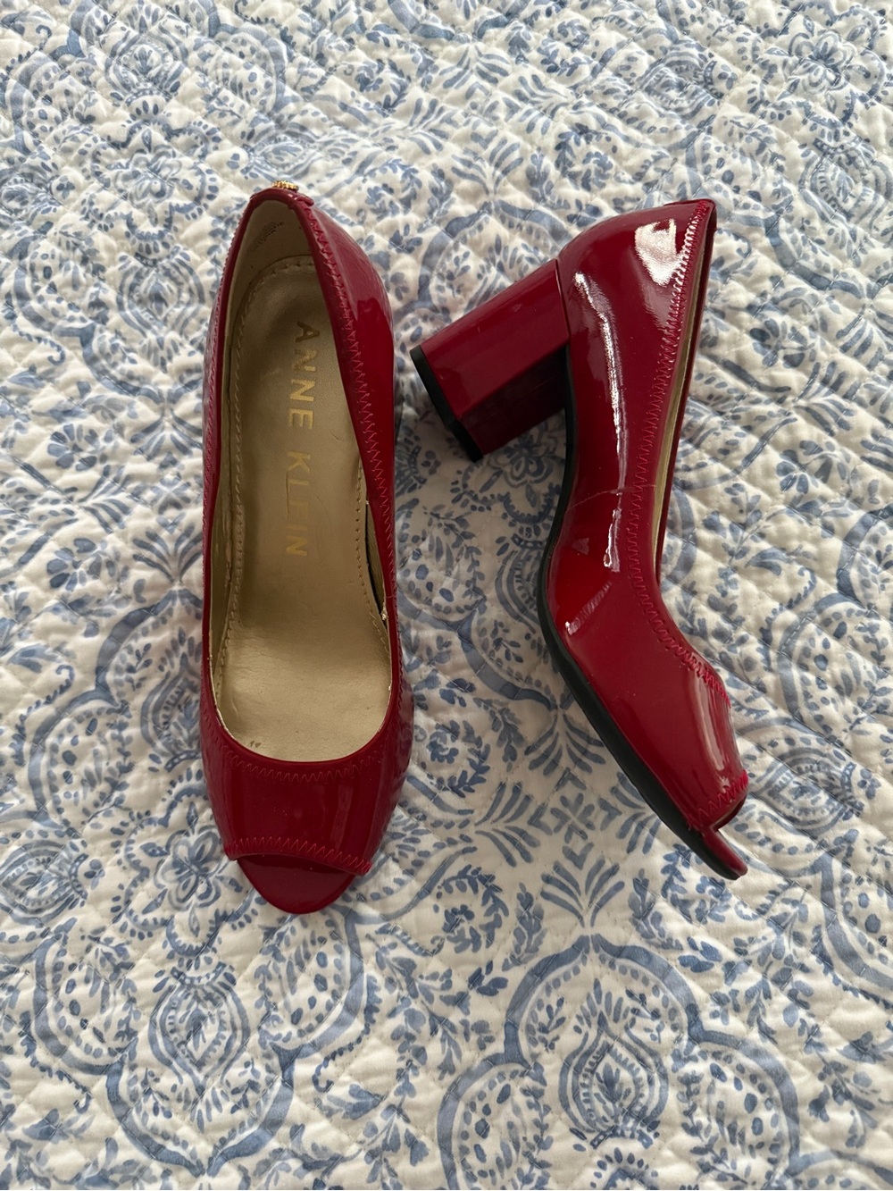 Anne Klein Red Patent Peep-Toe Block Heel Pumps